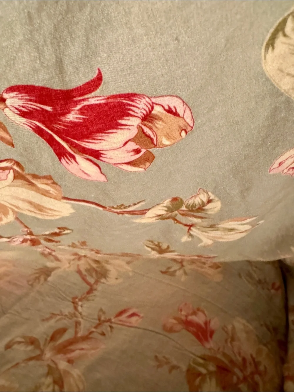 Floral Pastel Duvet Cover on a Light Moss Background with Pink-Coral Piping